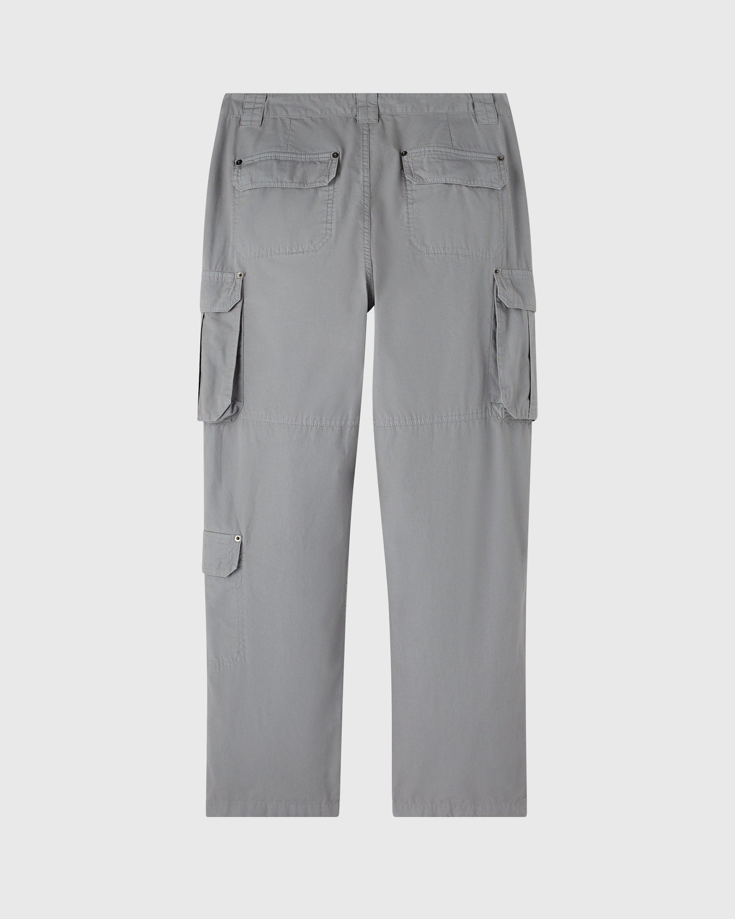 Grey cargo pants with multiple flap pockets on thighs and back patch pockets, displayed flat lay from rear view.