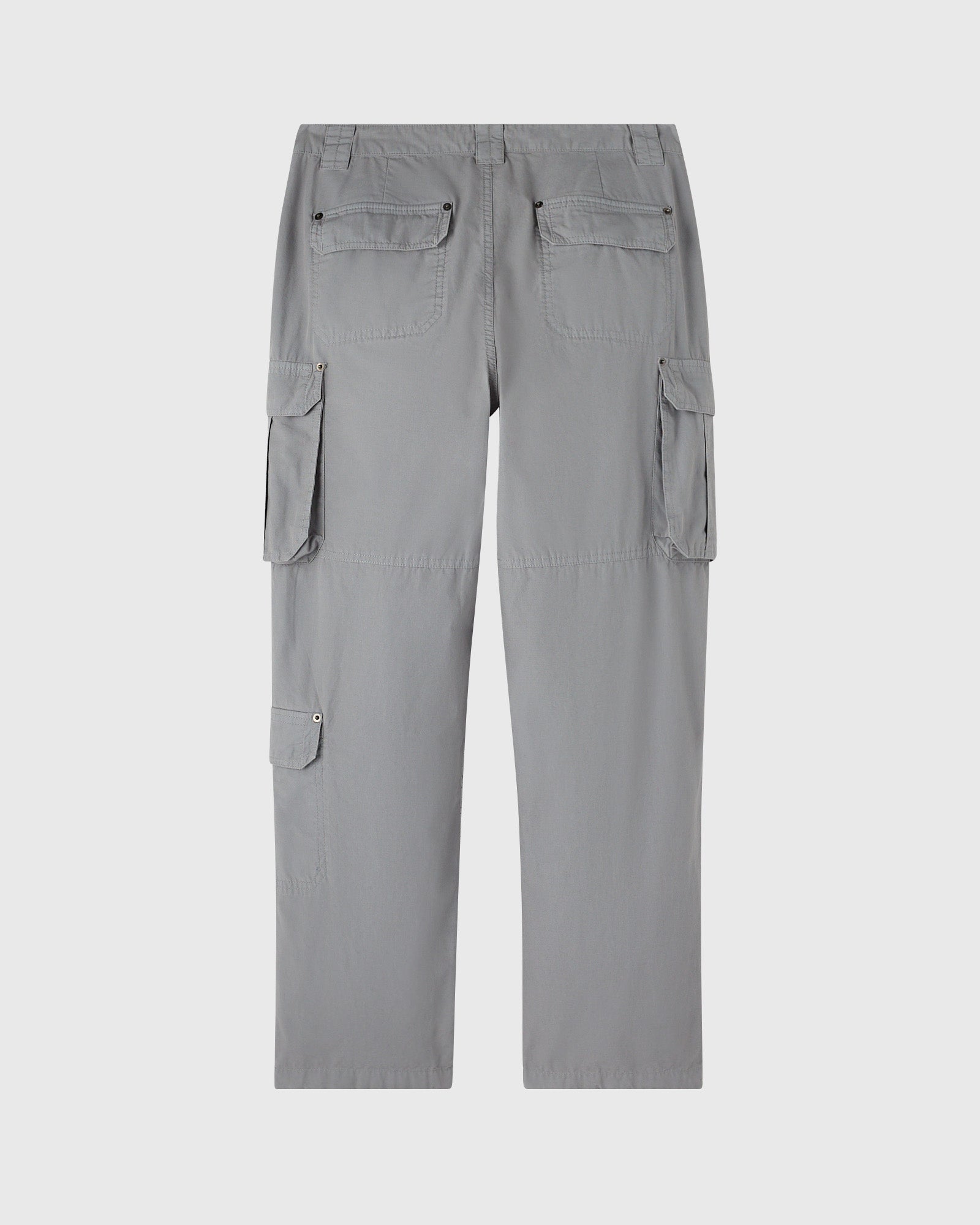 Grey cargo pants with multiple flap pockets on thighs and back patch pockets, displayed flat lay from rear view.