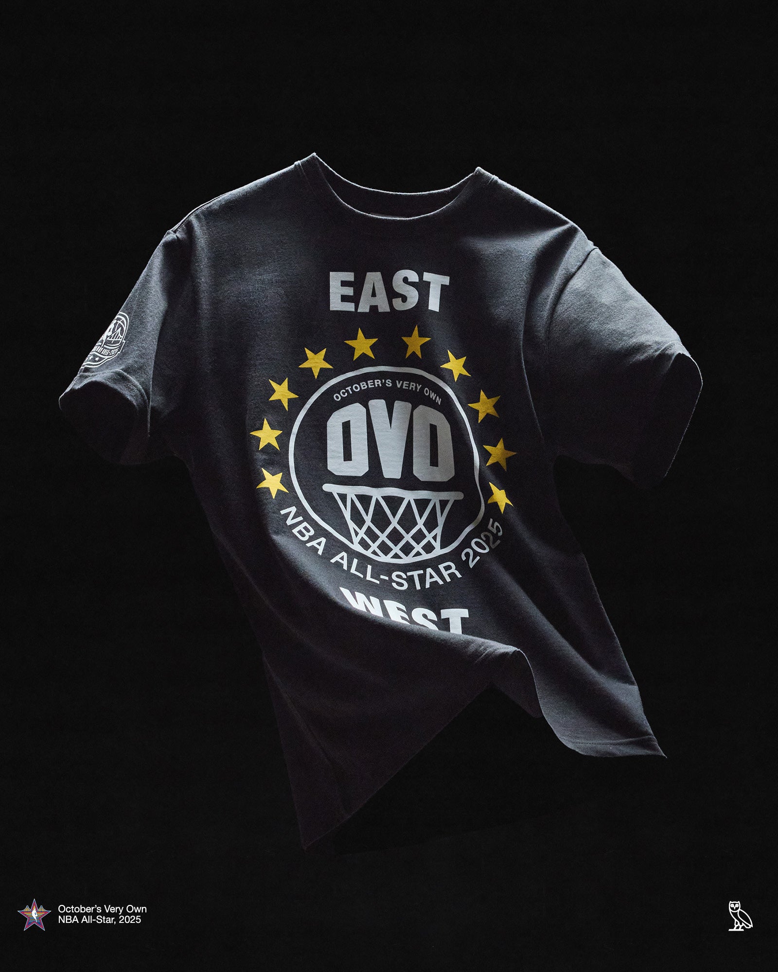 Black t-shirt with 'OVO' and 'NBA All-Star' text on a black background