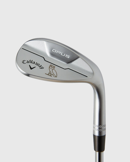 Callaway Opus brushed chrome wedge with laser logo and owl emblem on clubface.