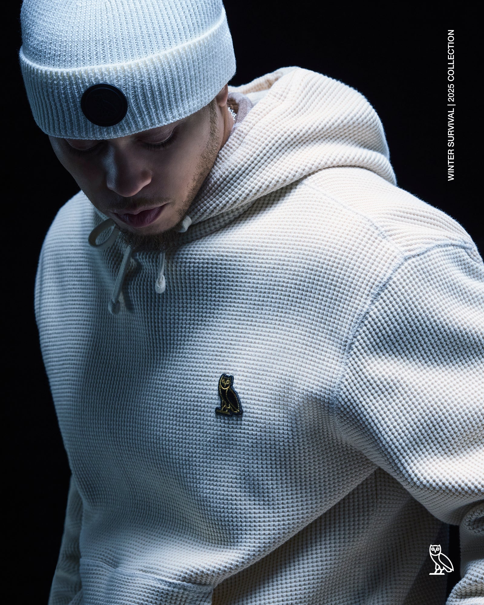 Person wearing a October's Very Own light gray hoodie with a small logo on a black background