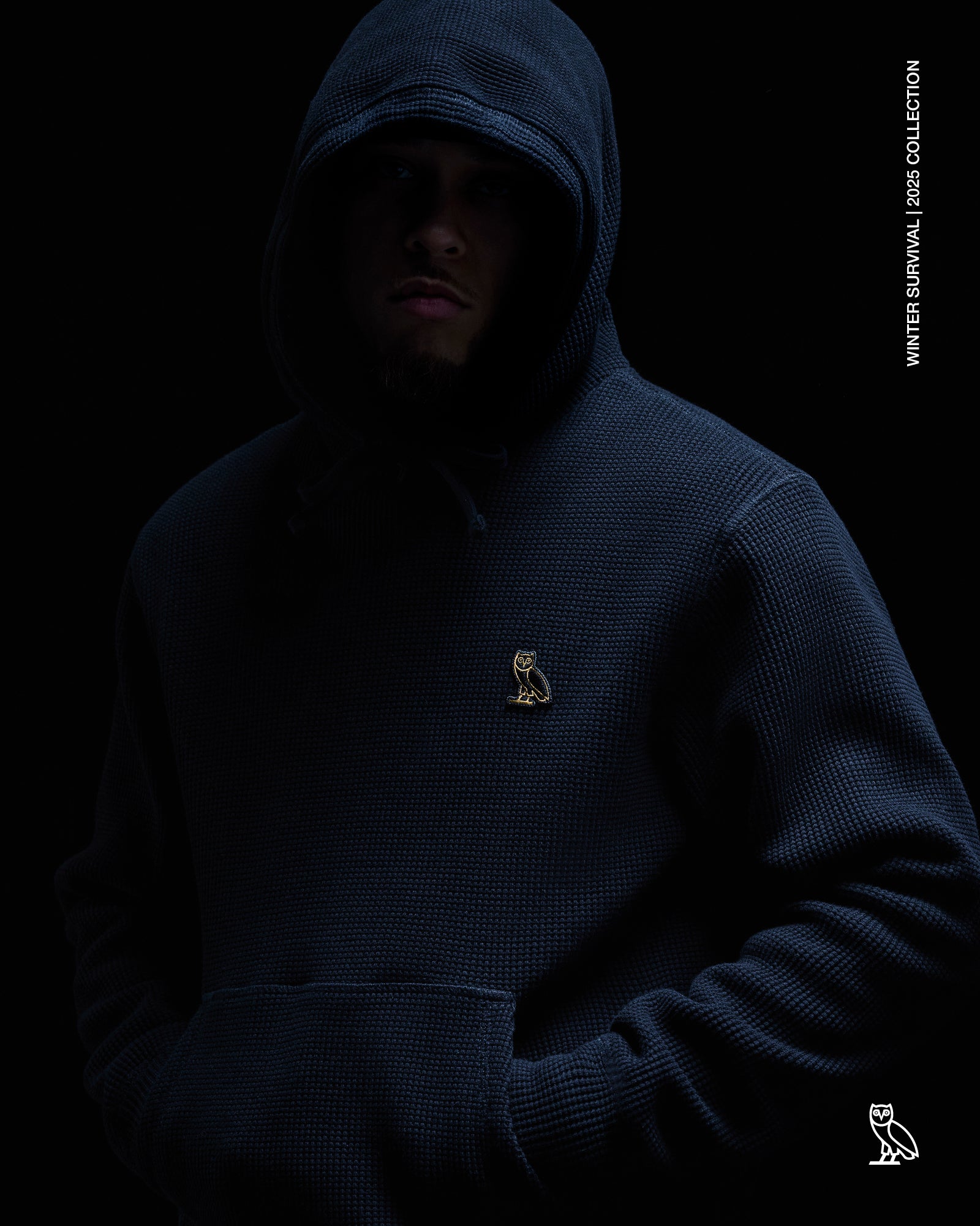 Person wearing a October's Very Own dark hoodie with a logo on a black background