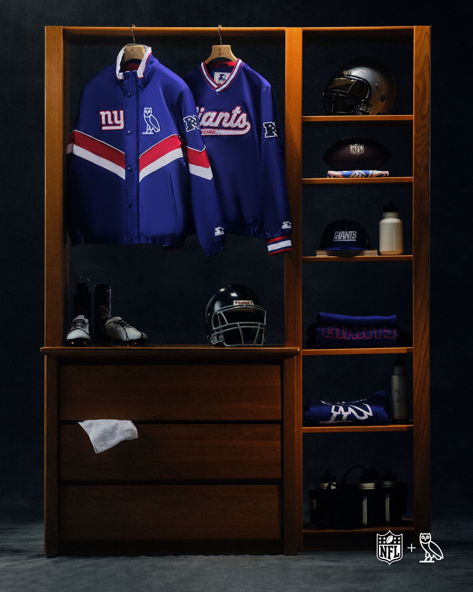Wooden locker with October's Very Own x NFL sports gear including jackets, helmets, and shoes on a dark background.