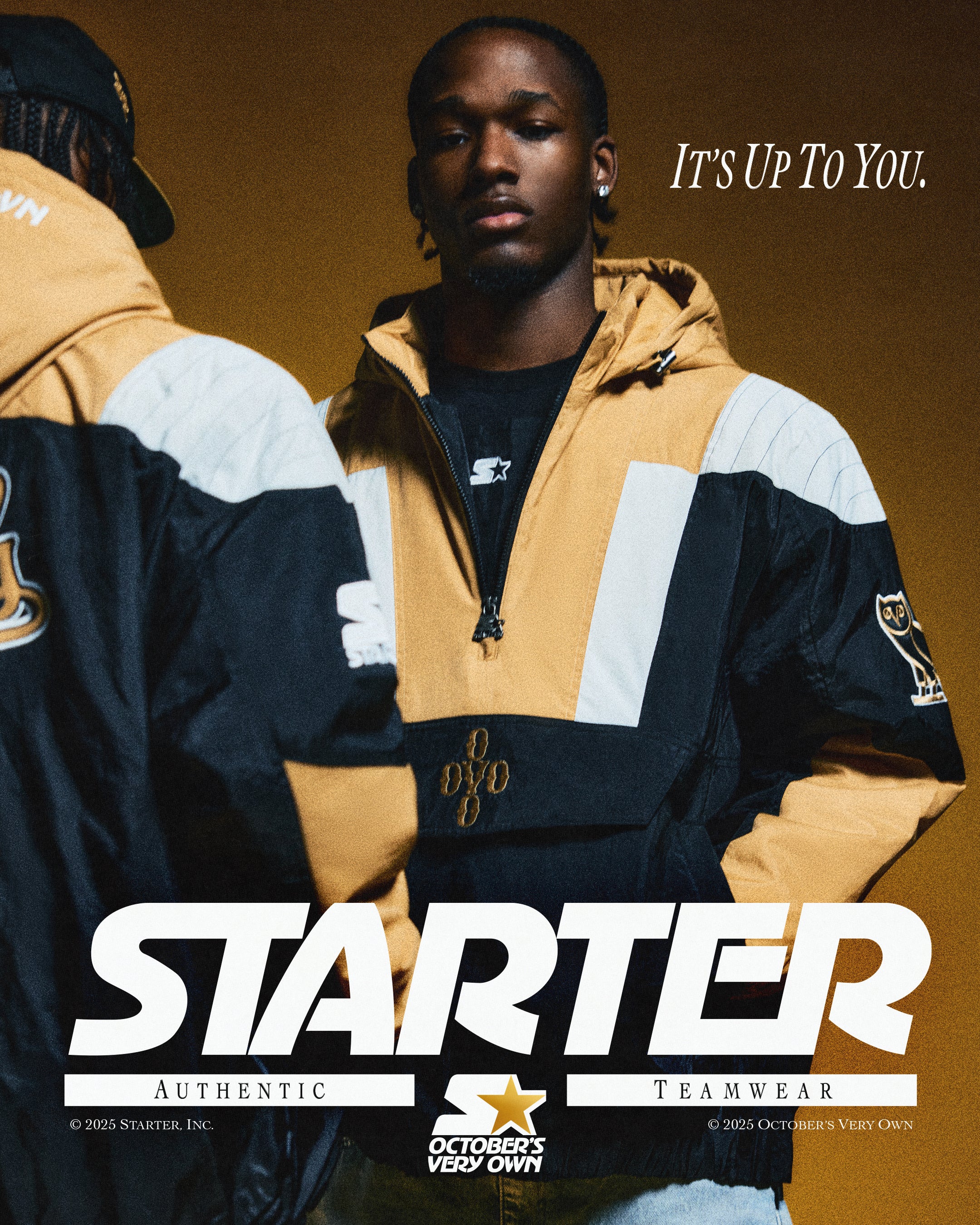 Two people wearing October's Very Own x Starter jackets with a brown background and text.