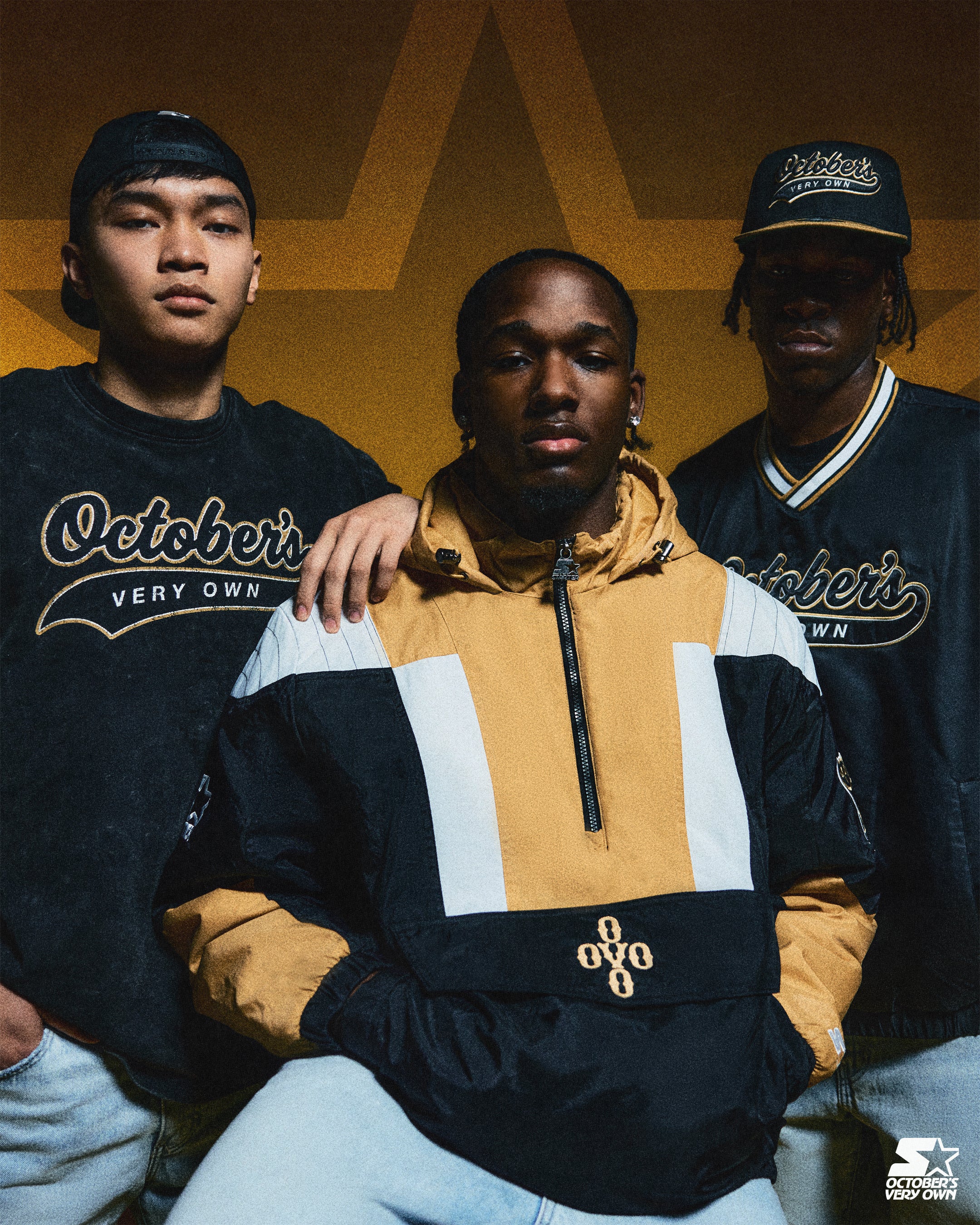 Three individuals wearing October's Very Own x Starter clothing with a prominent star in the background