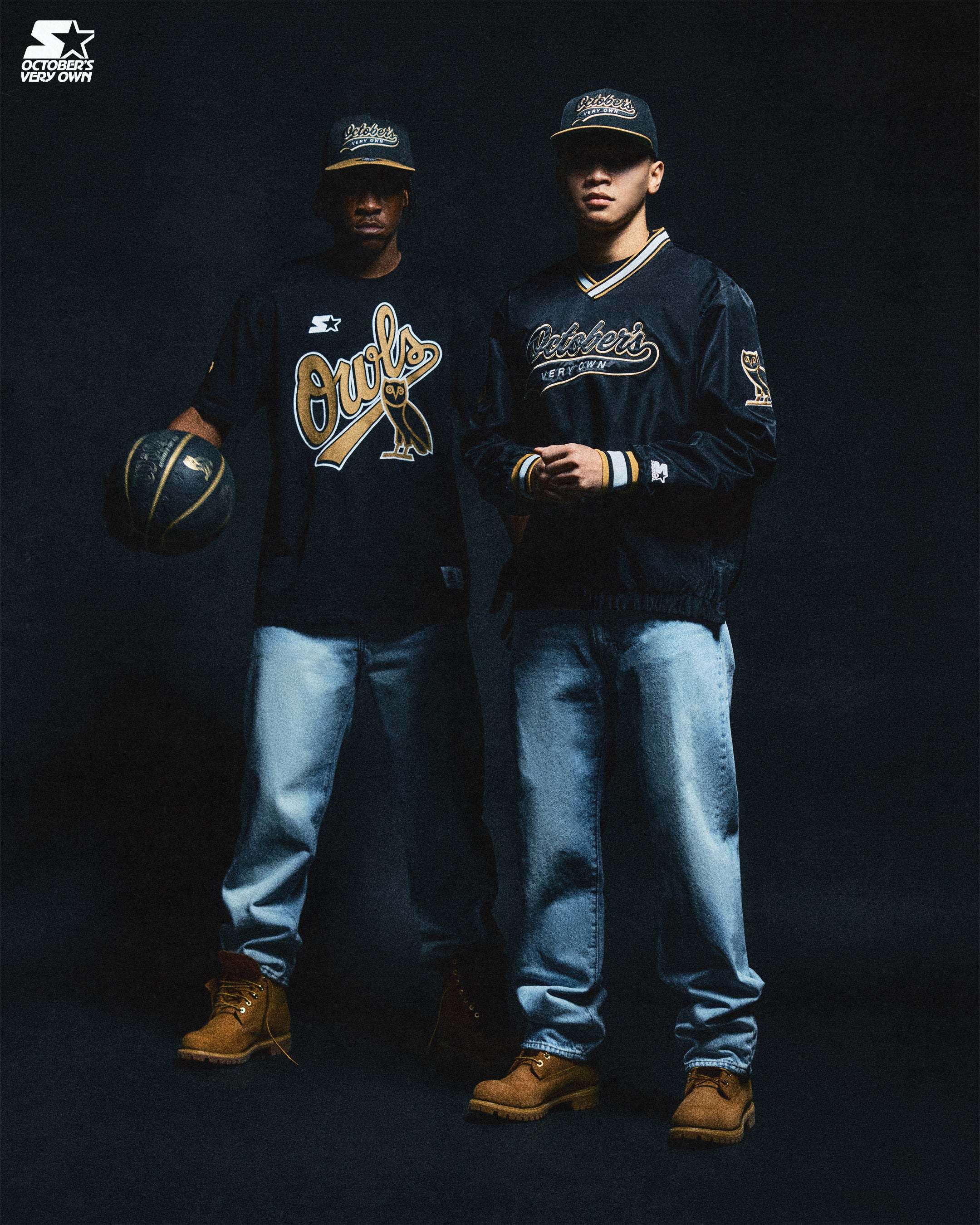 Two individuals wearing October's Very Own x Starter clothing with visible branding against a dark background.