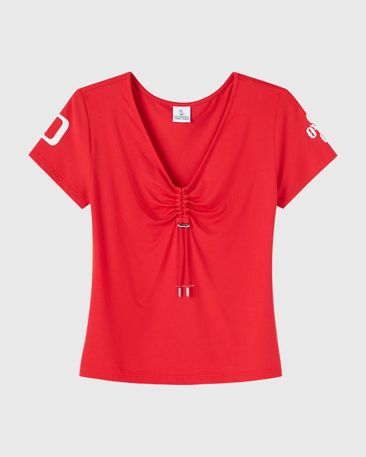 Cinched Pom Pom Tee - Red