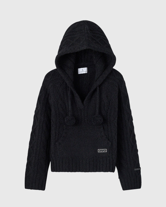 Cable Knit Hooded Sweater - Black