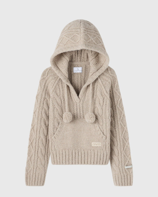 Cable Knit Hooded Sweater - Camel