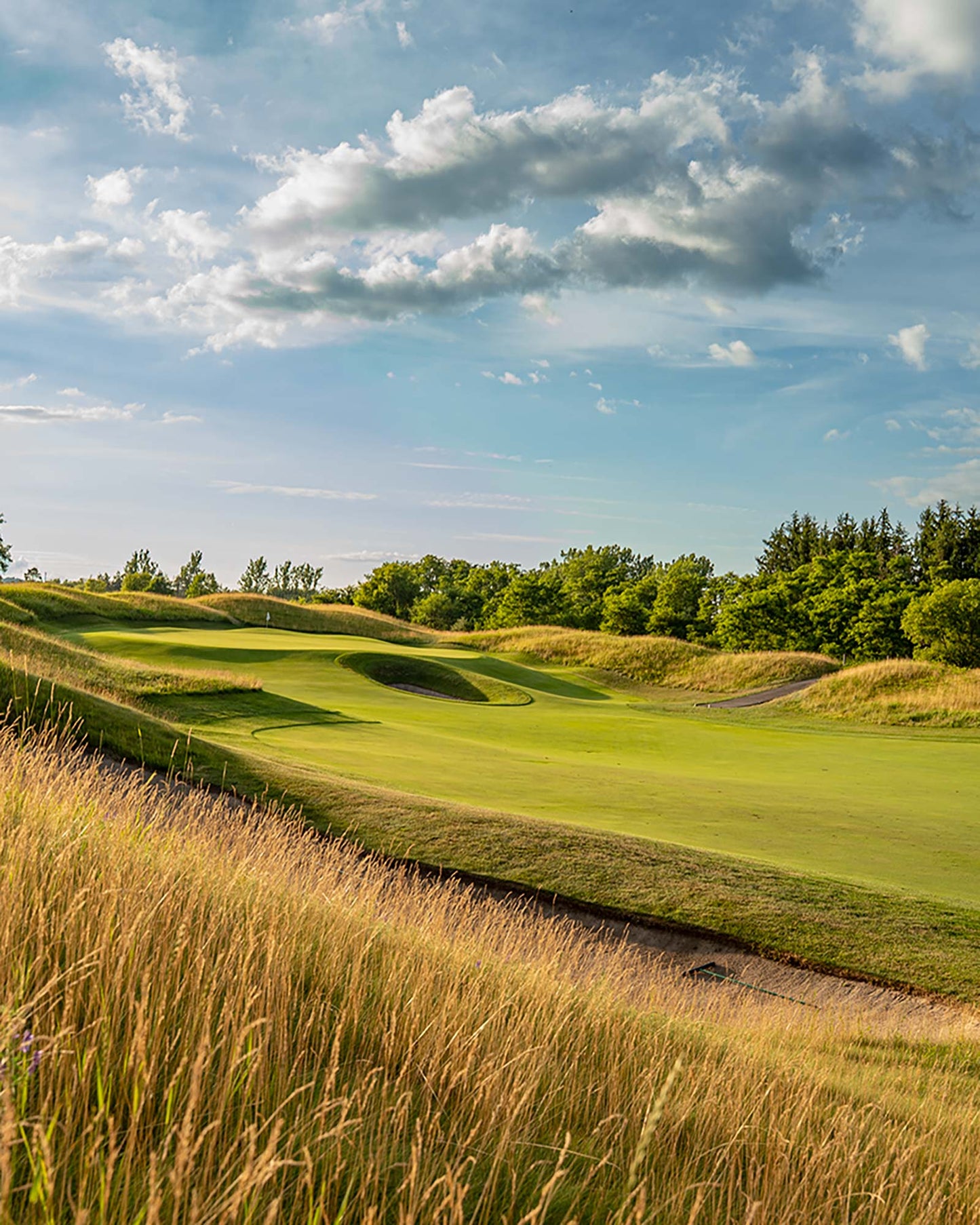 Golf course hole with manicured green fairway, sand bunker, rough grass, trees, and blue sky with white clouds.